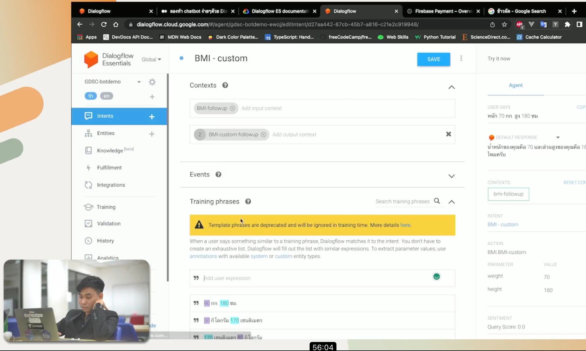 Dialogflow workshop recording showing an intent configuration and presenter video