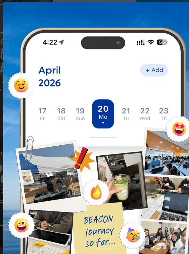 Beacon product journey collage showing the mobile calendar and community activities