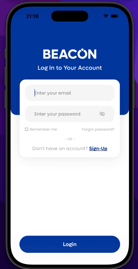 Beacon mobile account login screen