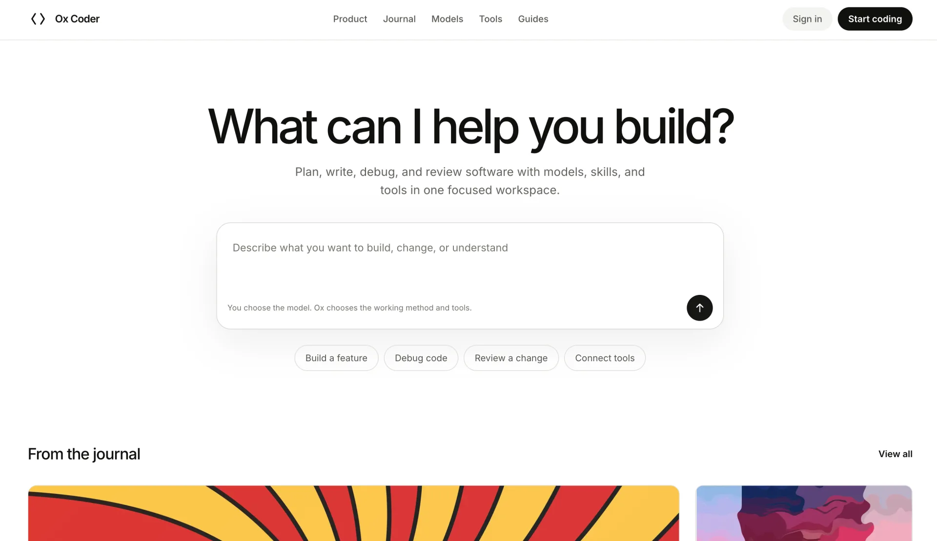 Ox Coder landing page with a prompt composer for coding tasks