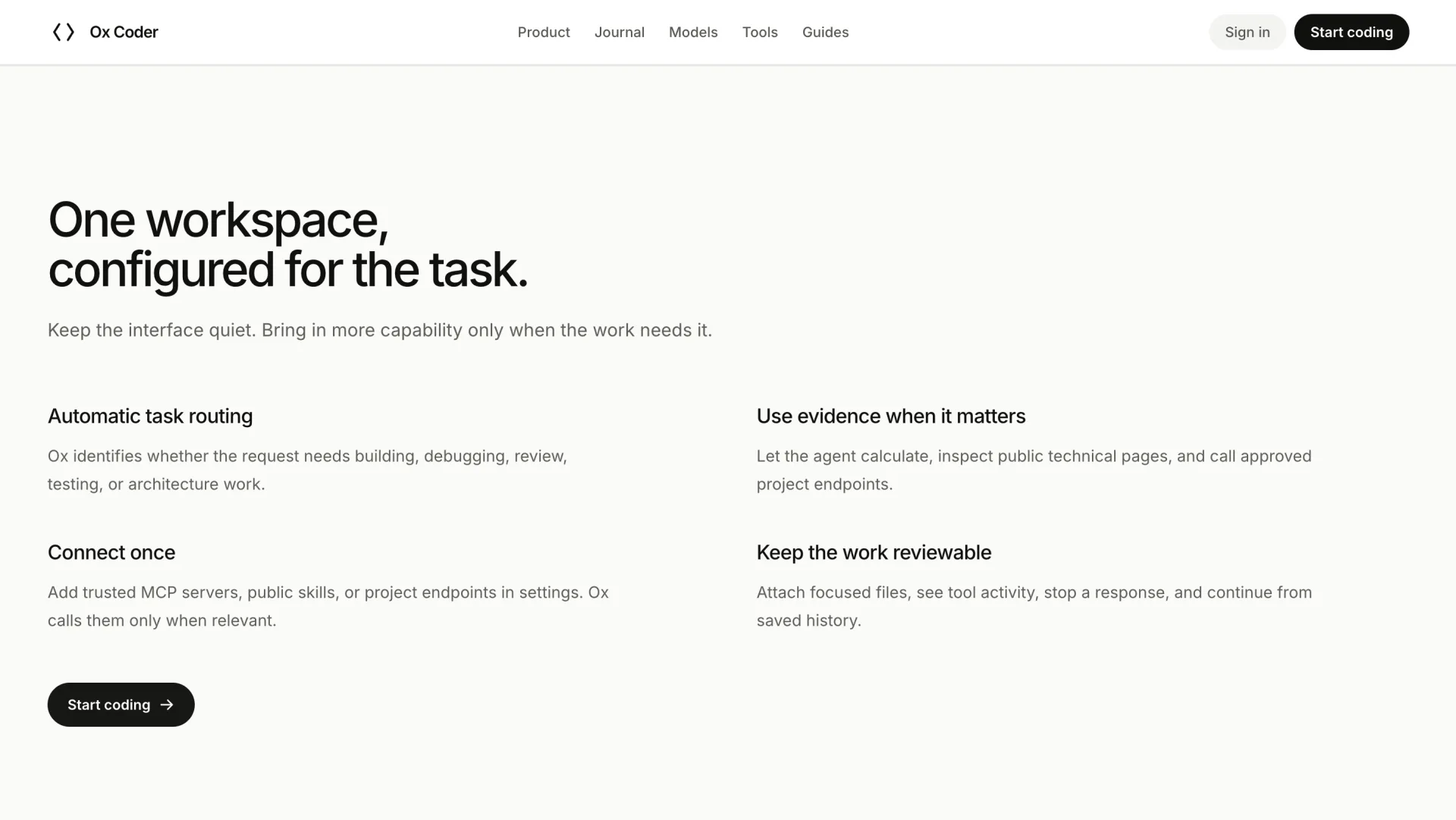 Ox Coder product section explaining automatic task routing and trusted capabilities