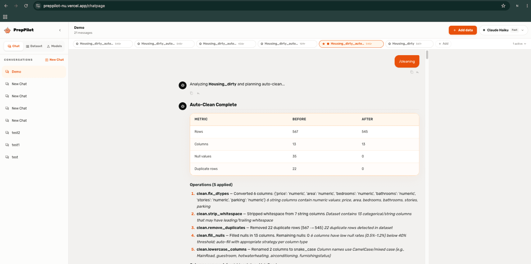 PrepPilot automatic data-cleaning report showing metrics before and after processing