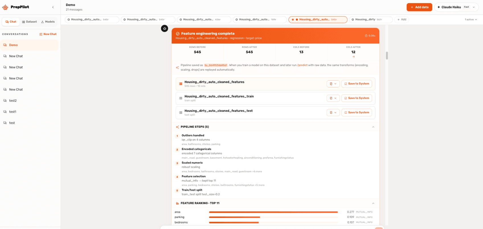 PrepPilot feature-engineering result with saved datasets and ranked features