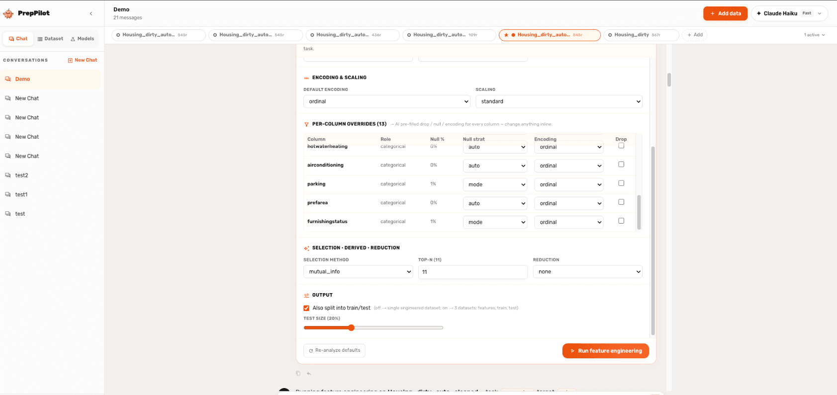 PrepPilot configurable feature-engineering setup with per-column controls