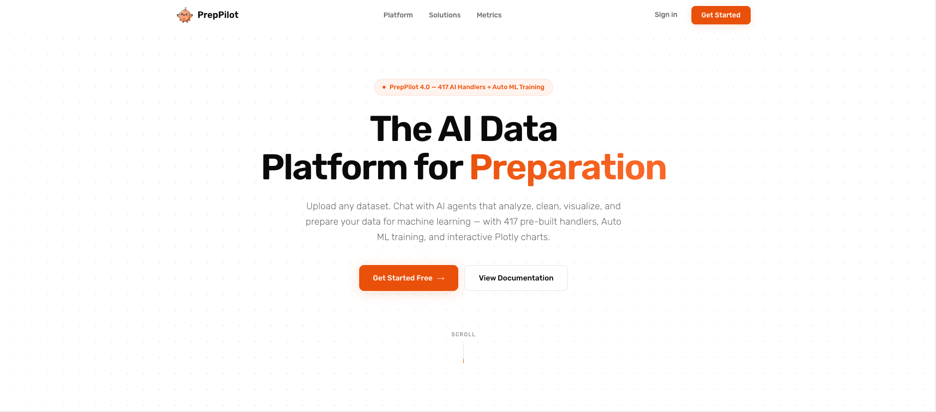 PrepPilot landing page introducing the AI data preparation platform