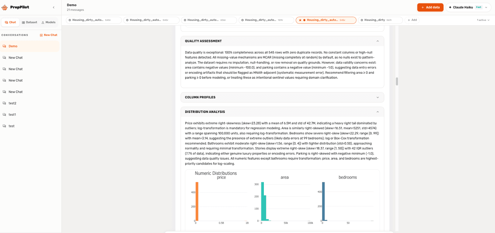 PrepPilot generated quality assessment with distribution analysis charts